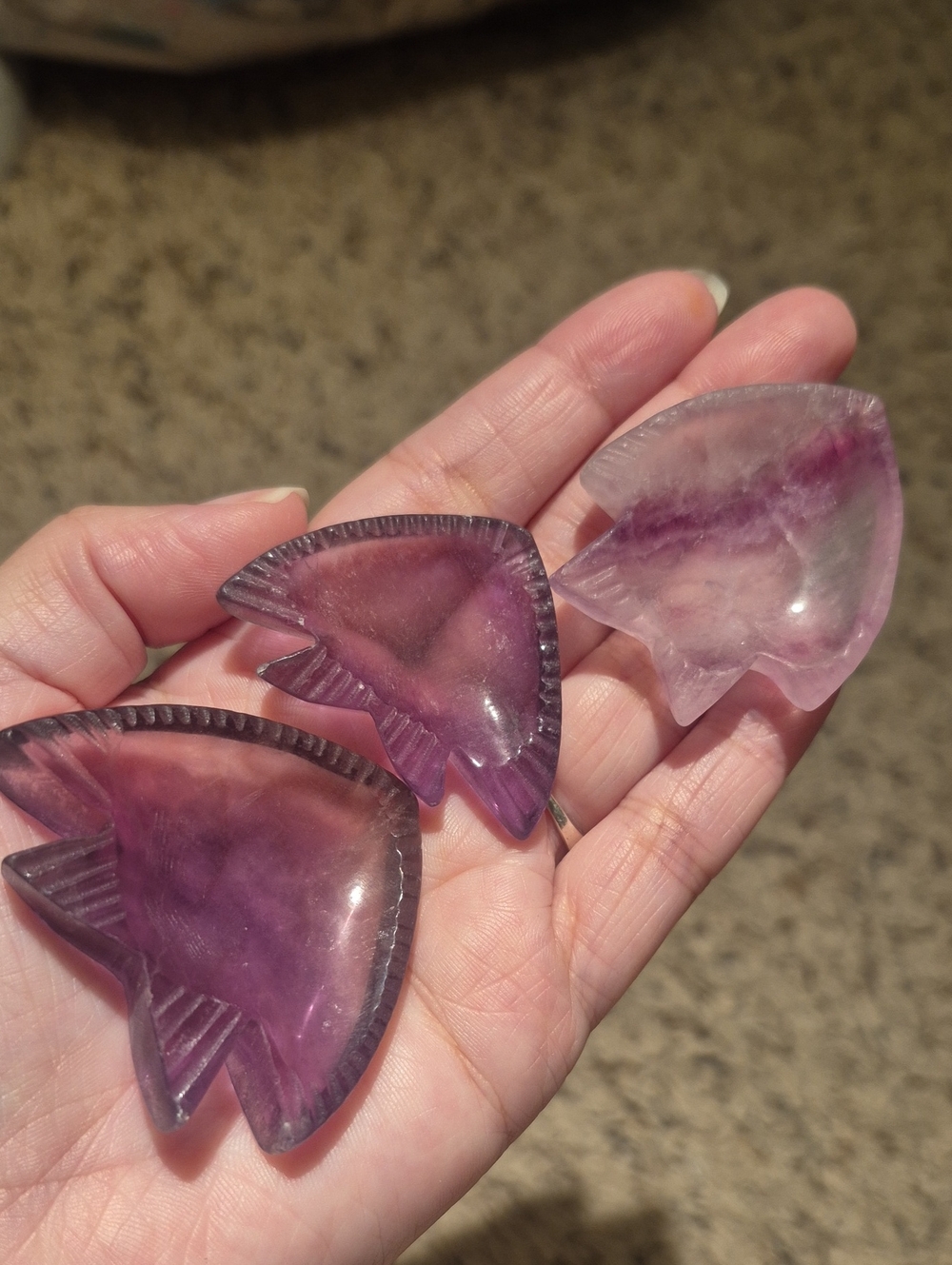 Hand-Carved Purple Flourite Fish Shaped Mini Bowls Set Of 3